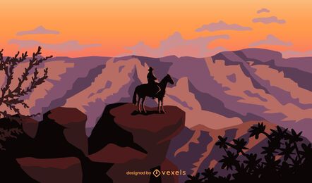 Standing cowboy in horse in canyon background