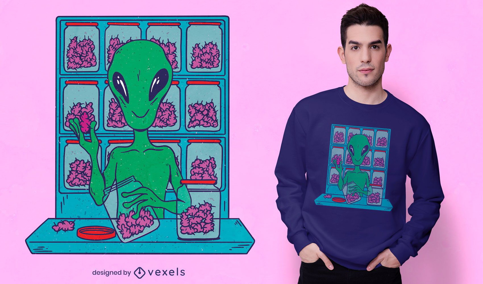 Diseño de camiseta de marihuana de venta de espacio alienígena.