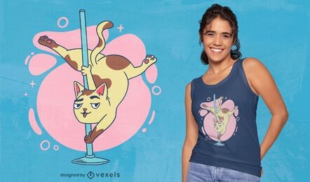 Diseño de camiseta de dibujos animados de gato bailando en poste