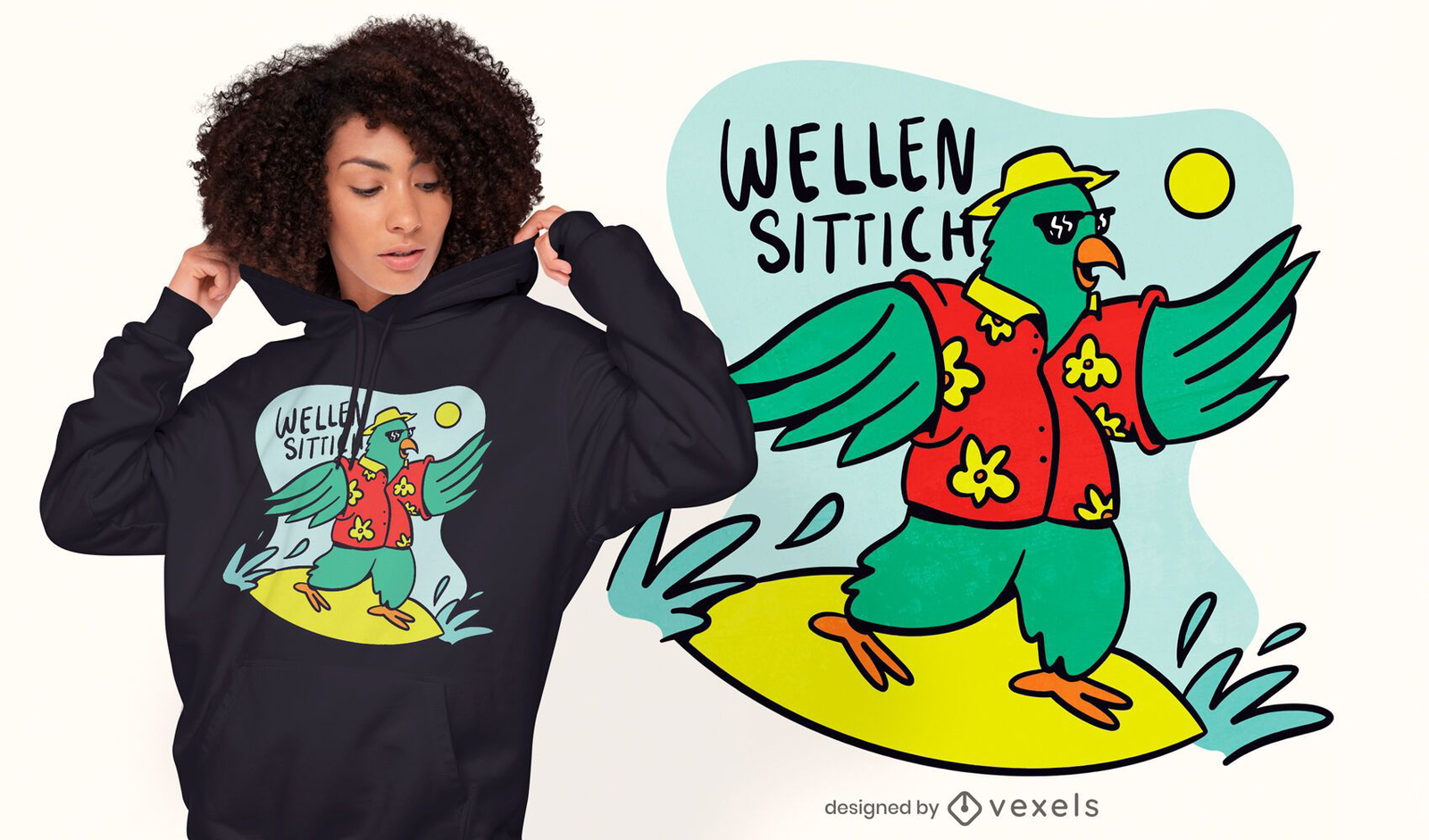 Surfing parrot cartoon t-shirt design