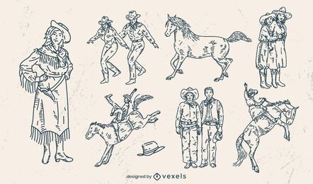Conjunto de personagens de cowboys do rancho