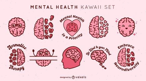 Conjunto de elementos kawaii de salud mental