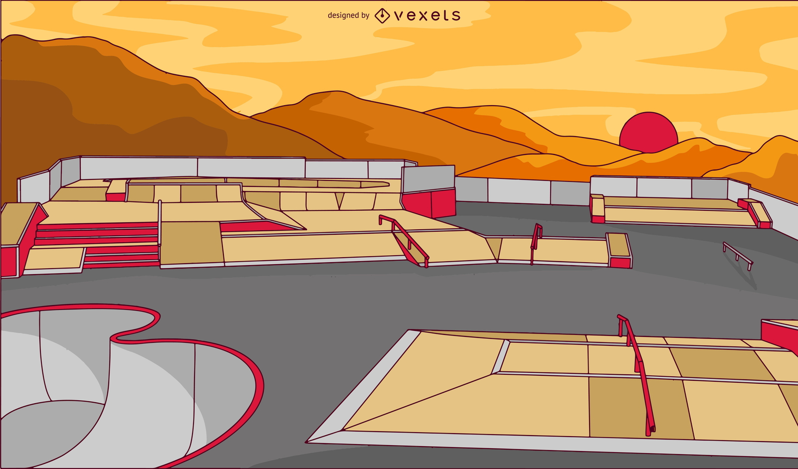 Ilustração de passatempo de paisagem de skatepark