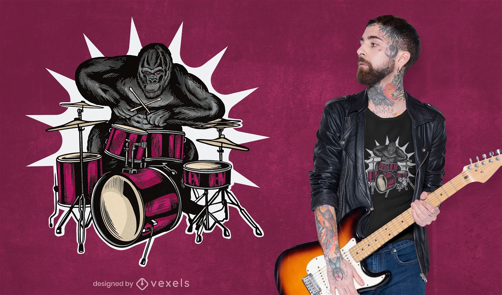 Gorilla, der Schlagzeug-Musik-T-Shirt-Design spielt