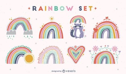 Conjunto de arco-íris desenhados à mão plana