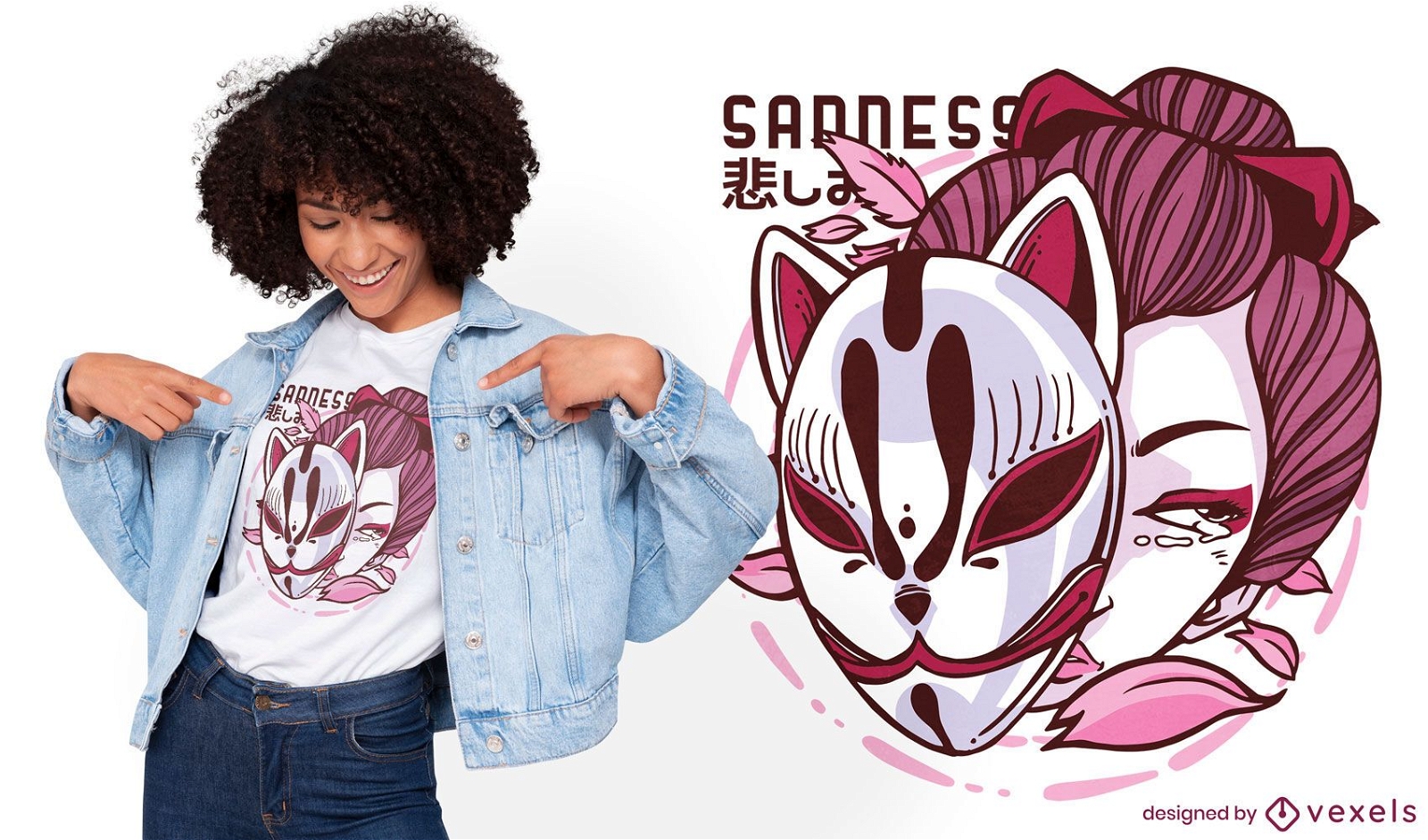 Design de camiseta com m?scara kitsune feminina japonesa