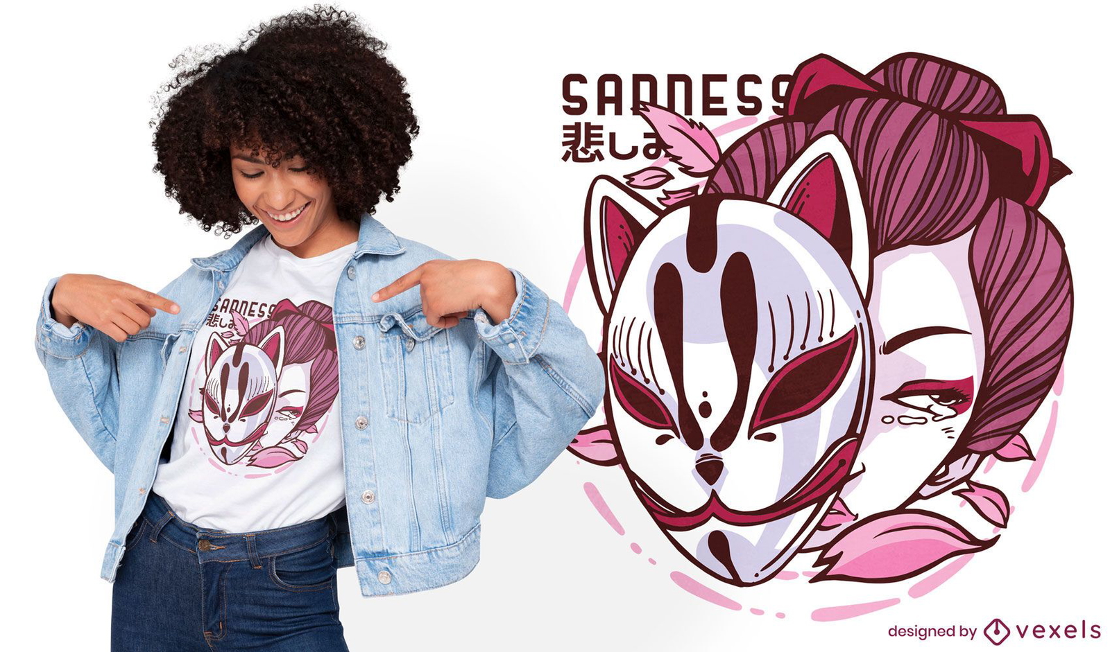 Design de camiseta com máscara kitsune feminina japonesa