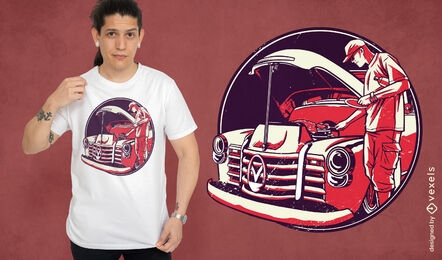 BBQ in vintage car motor t-shirt design
