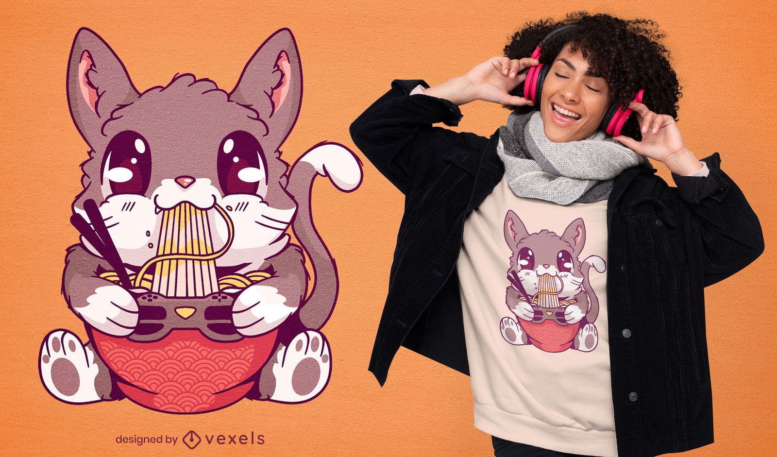 Diseño de camiseta kawaii gatito comiendo ramen