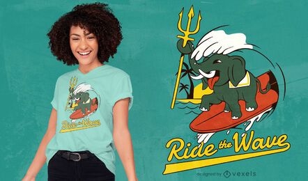 Design de t-shirt com paródia de elefante surfando