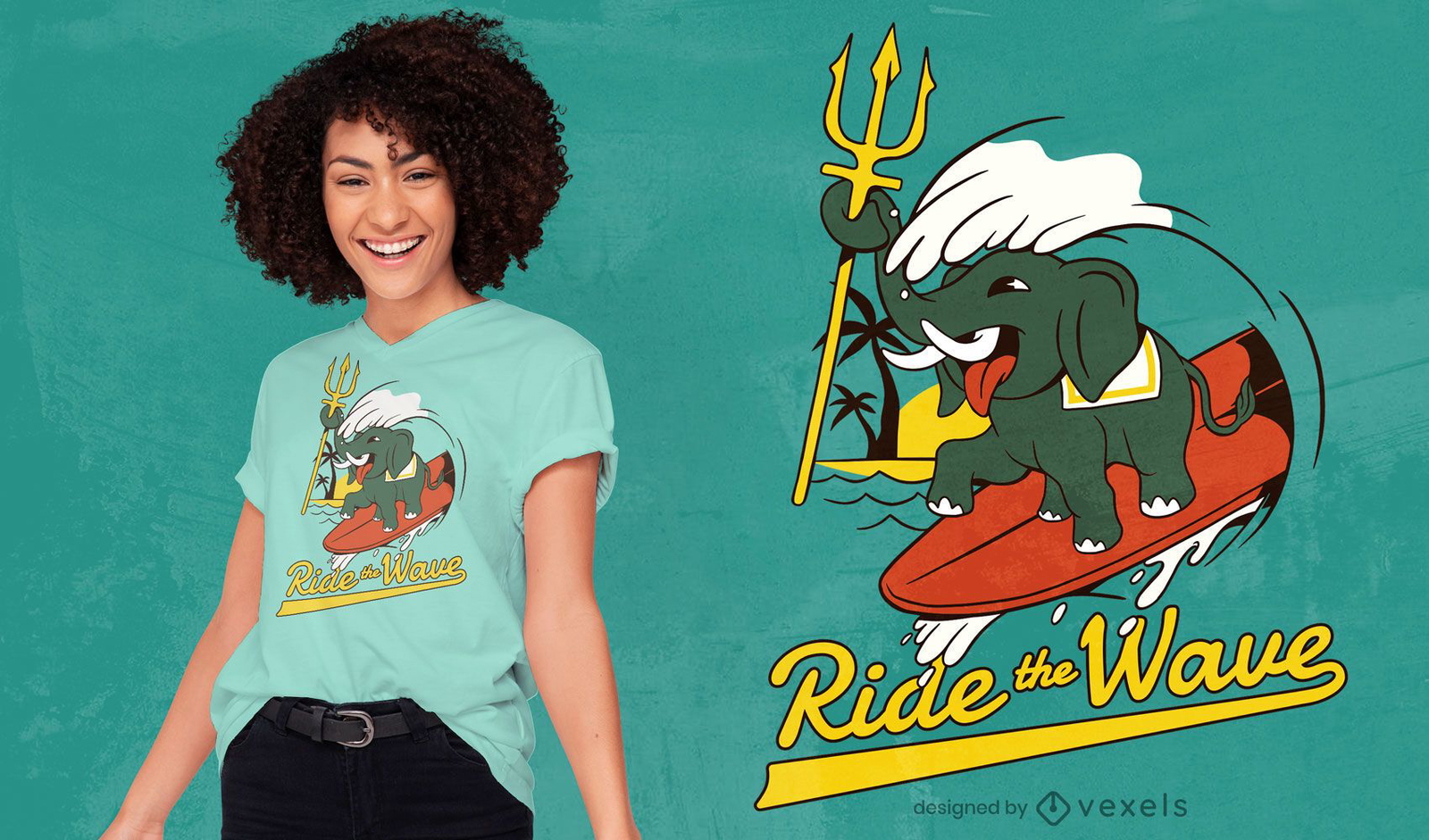 Design de t-shirt com paródia de elefante surfando