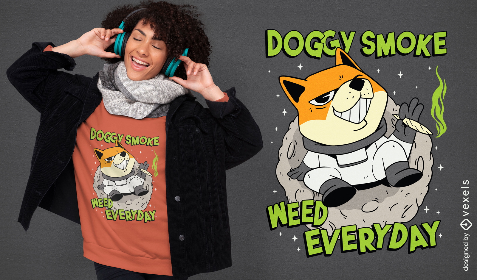 Cão fumando maconha no design de camiseta espacial