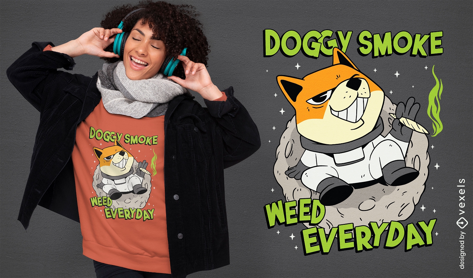 Dog smoking weed in space t-shirt design