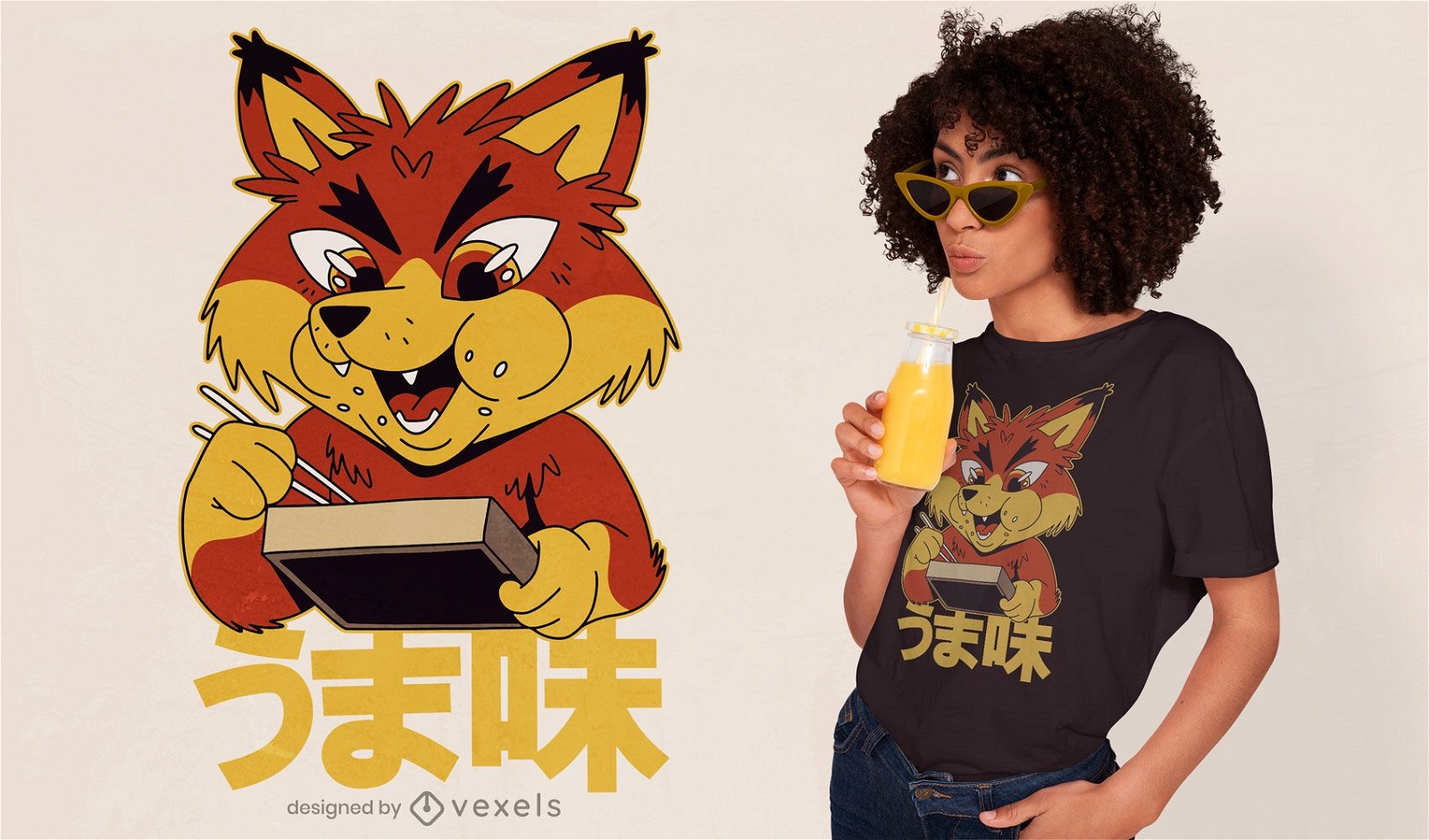 Japanese fox eating bento box t-shirt design