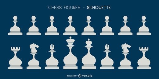 Set of white rounded chess pieces silhouettes