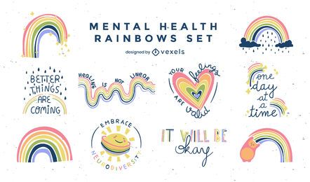 Conjunto de insignias planas de arco iris de salud mental.