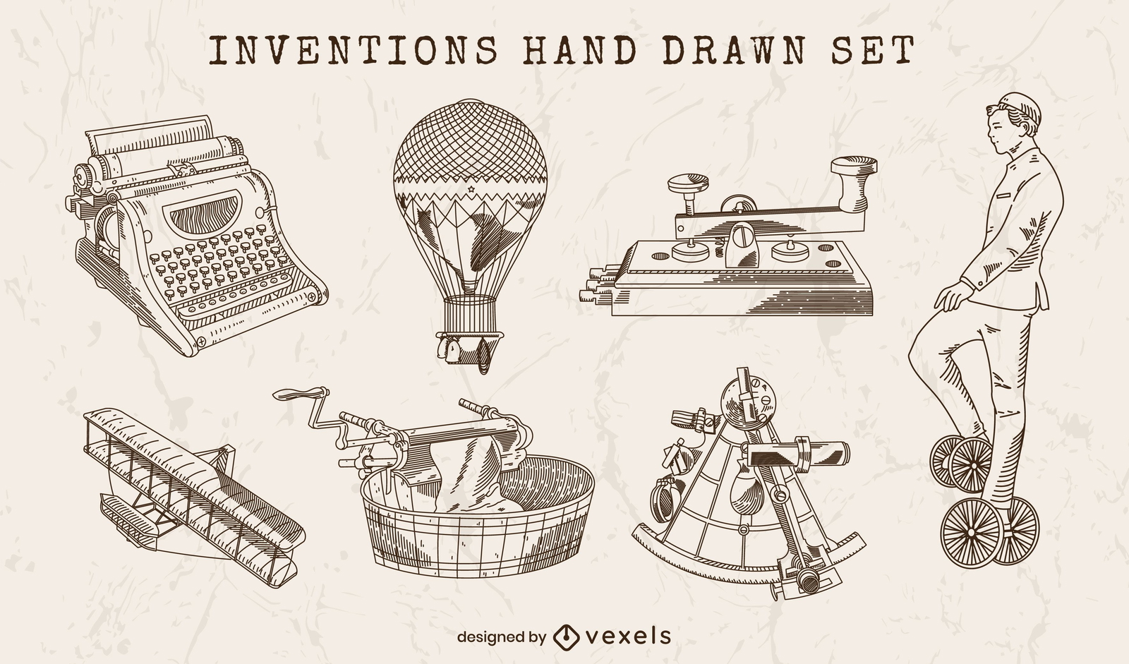 Conjunto de elementos desenhados à mão de invenções