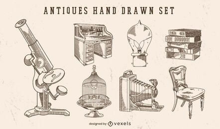 Antiguidades desenhadas à mão com um conjunto de elementos