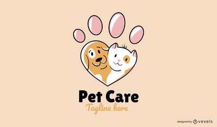 Design de logotipo de coração de pata fofa de gato e cachorro