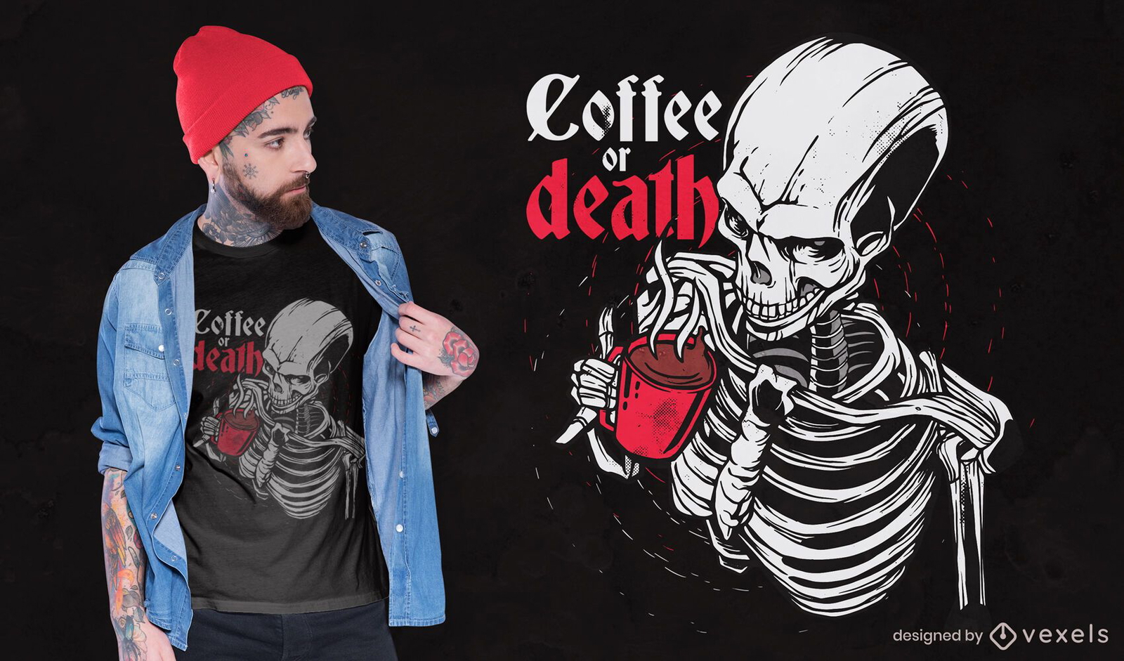 Desenho de camiseta de esqueleto bebendo café