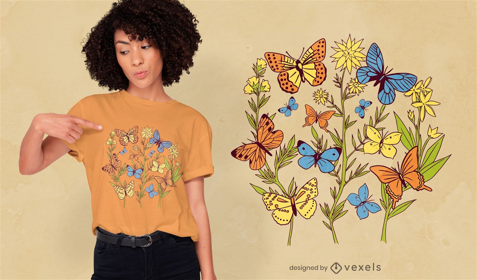 Dise?o de camiseta de flores de jard?n de mariposas.