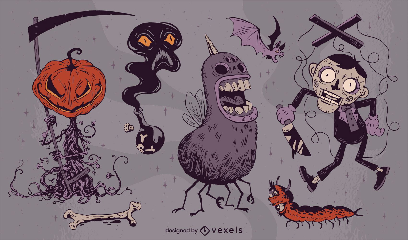 Pacote de criaturas assustadoras de Halloween desenhadas à mão