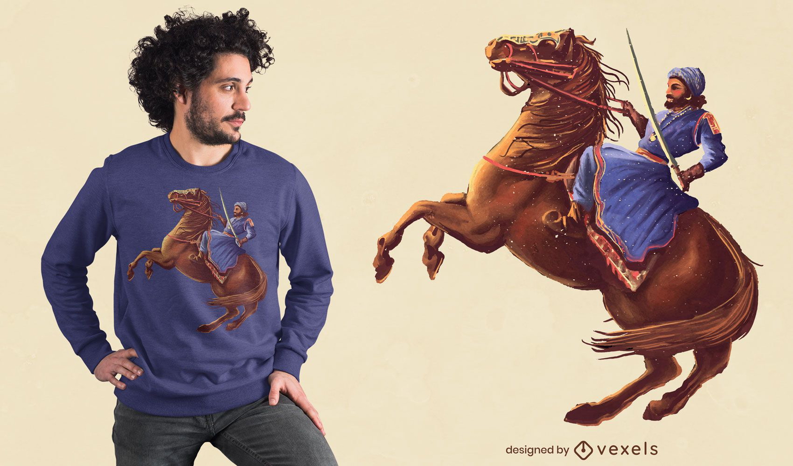 Guerrero con espada a caballo diseño de camiseta.