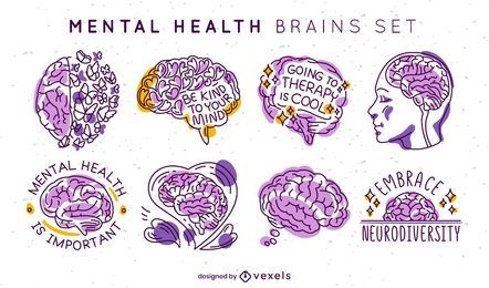 Conjunto de insignias de cerebros de salud mental