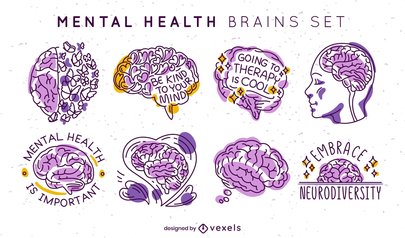 Conjunto de crachás de cérebros de saúde mental