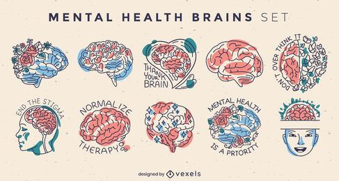 Conjunto de insignias de cerebros de salud mental