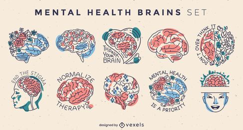 Mental Health Brains Badges Set Vector Download