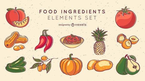 Color stroke fruits and vegetables set