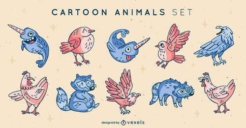 Conjunto de elementos animais de desenho animado legais