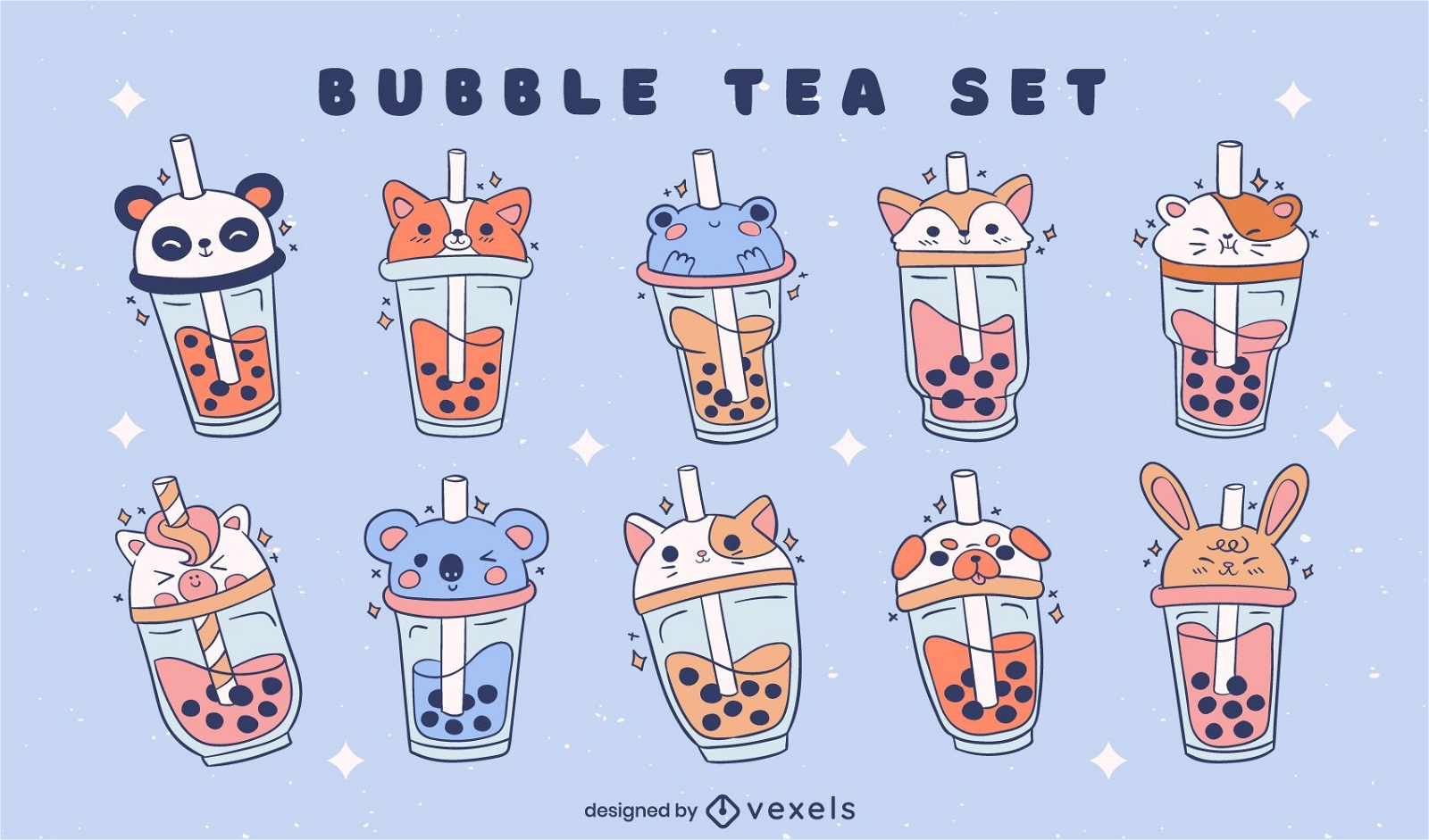 Bubble tea animals color stroke set