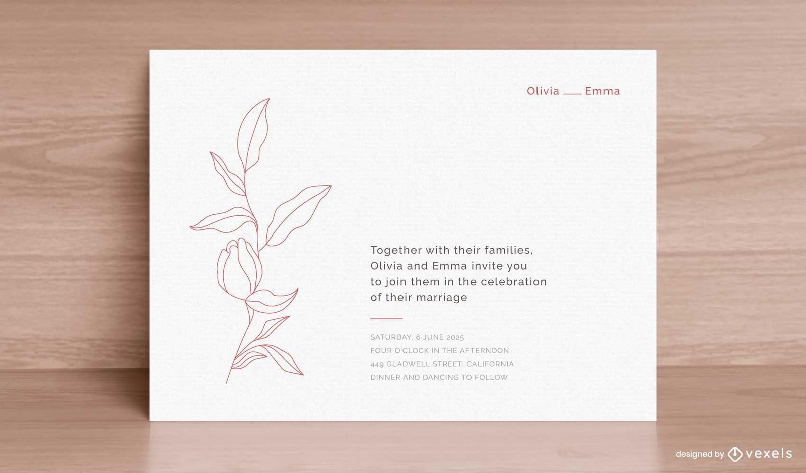 Plantilla de invitación de boda minimalista plana