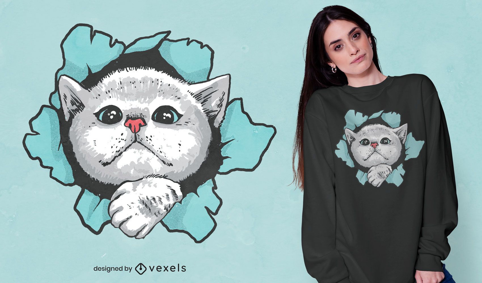 Diseño de camiseta lindo gato a través del agujero