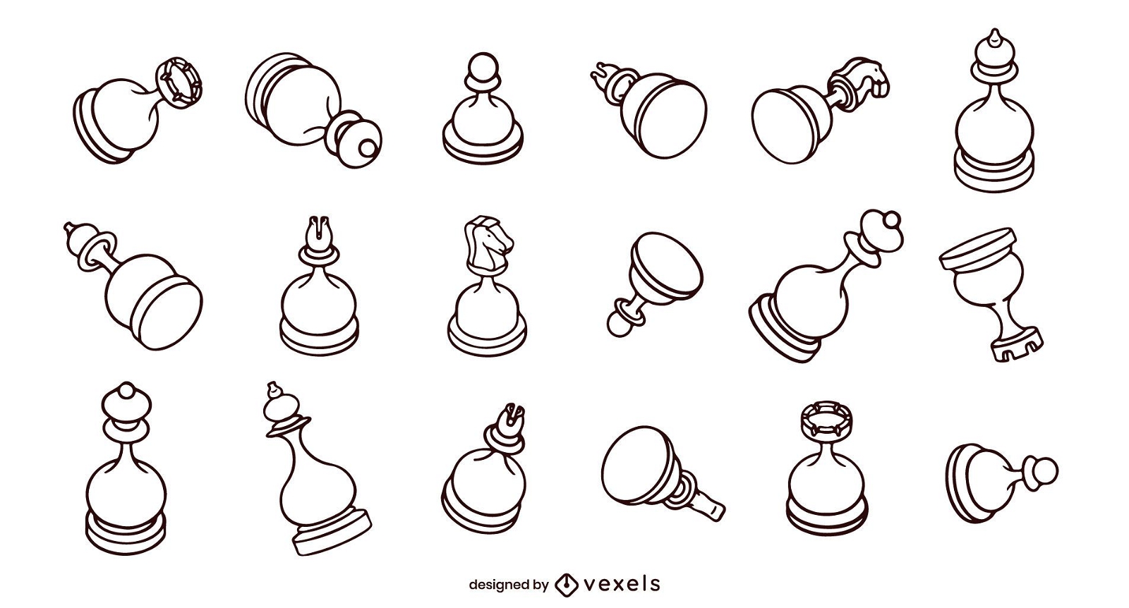 Rounded chess pieces set stroke