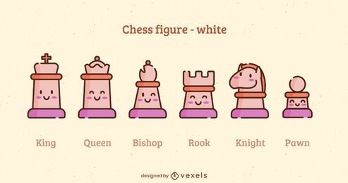 Kawaii white chess pieces color stroke set