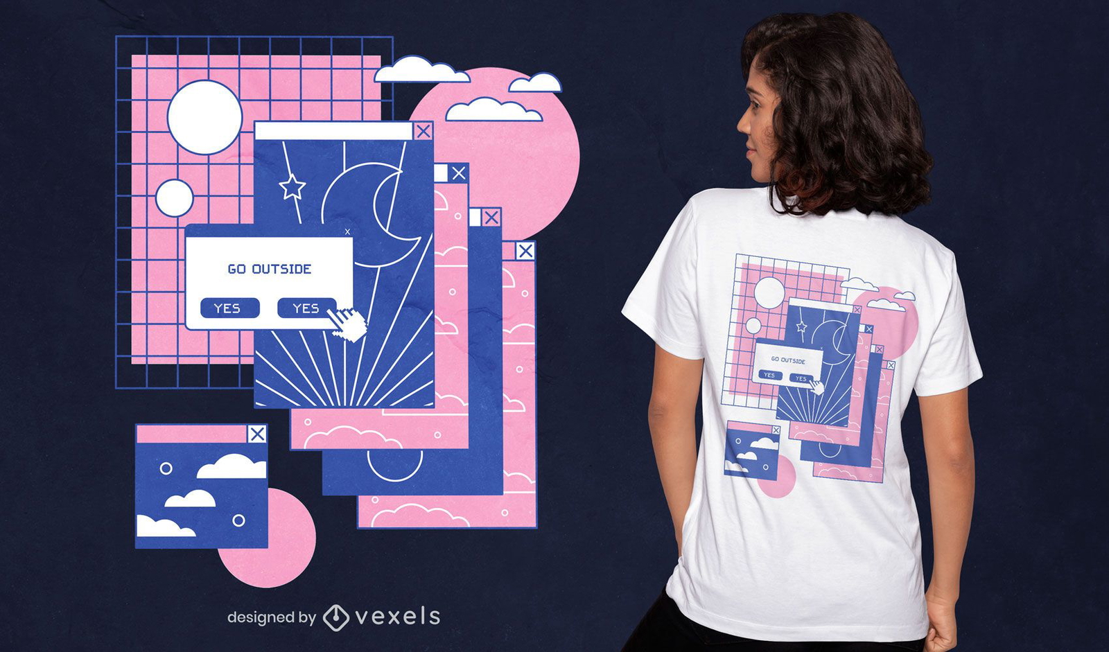 Diseño de camiseta de vaporwave con pestañas de computadora.