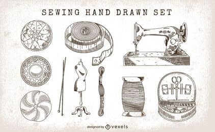 Conjunto de costura de elementos desenhados à mão