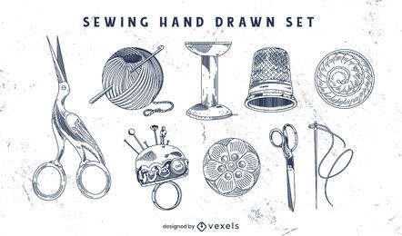 Conjunto de elementos de costura à mão desenhada