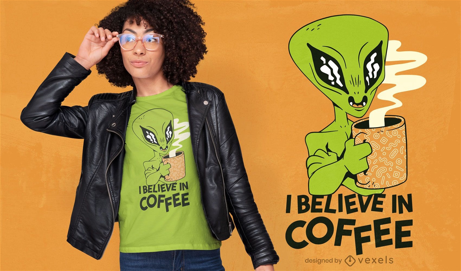 Au?erirdischer mit Kaffeebecher-Cartoon-T-Shirt-Design