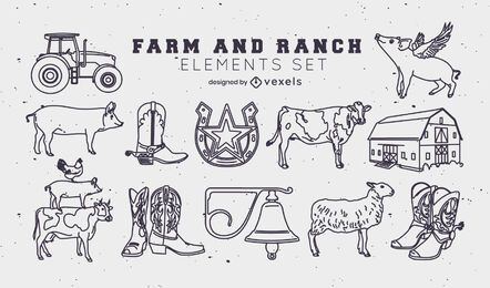 Conjunto de elementos de trazo de rancho y granja.