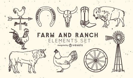 Conjunto de elementos de trazo de granja y rancho.