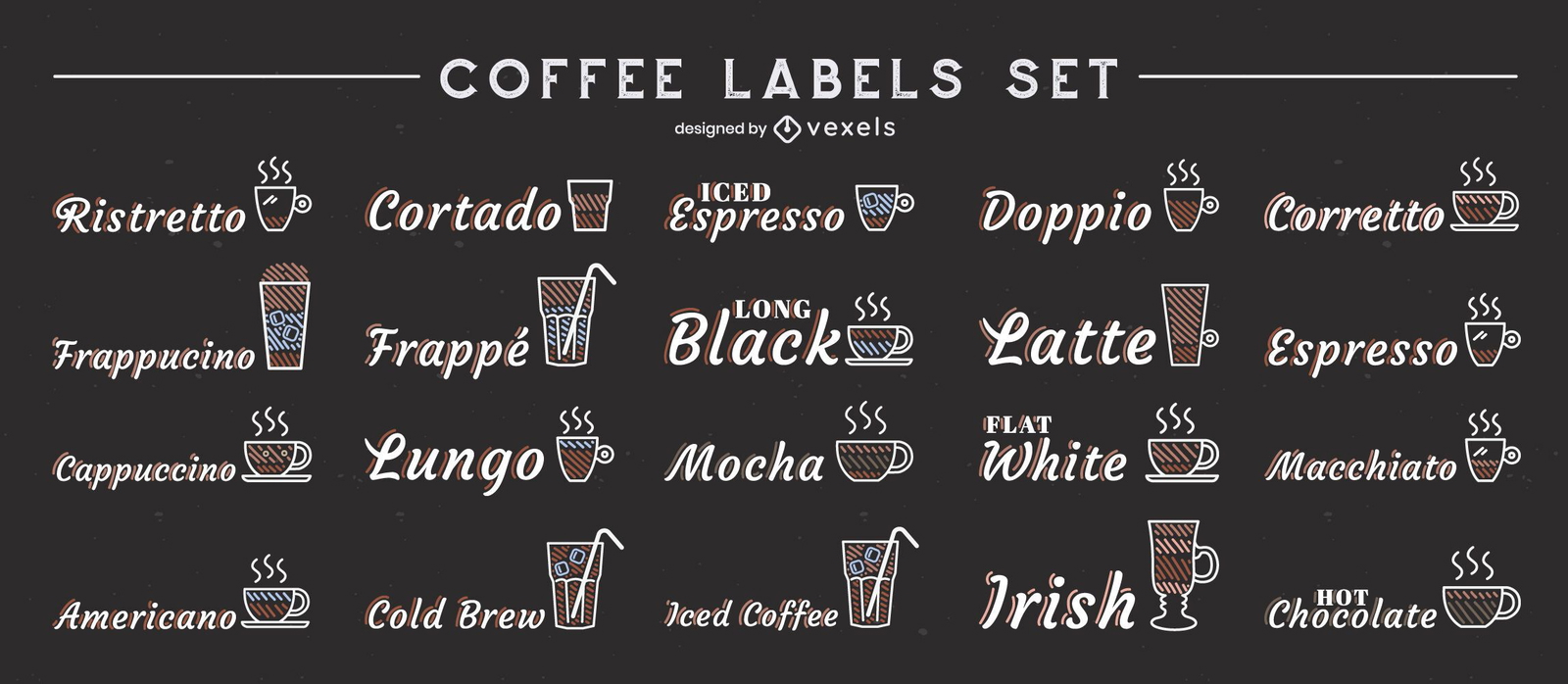 Juego de etiquetas de bebidas de café