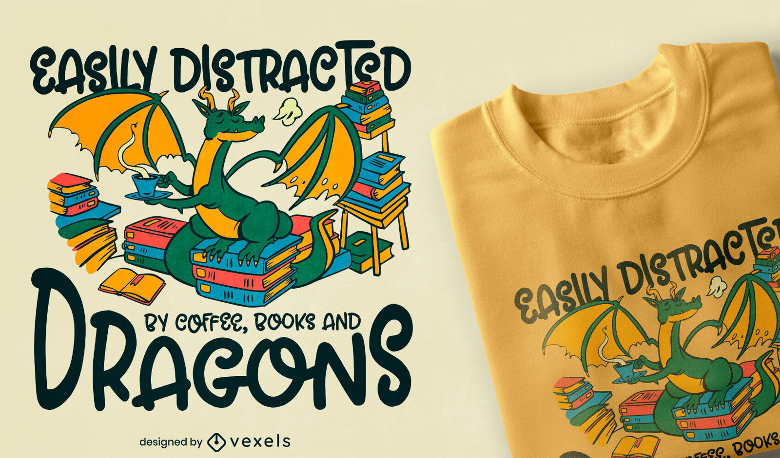 Diseño de camiseta de café y libros de dragones.