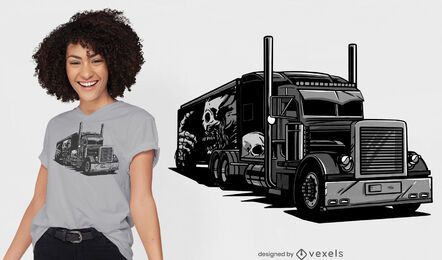 Design de camiseta grunge preta com esqueleto de caminhão