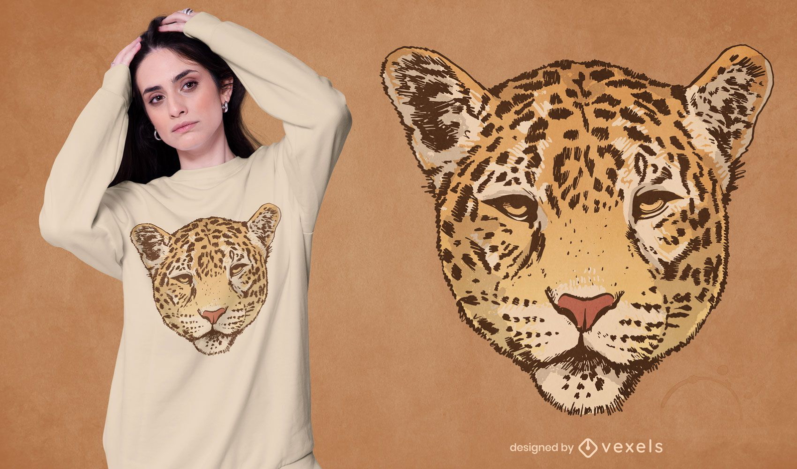 Design de camiseta com ilustração de rosto de leopardo