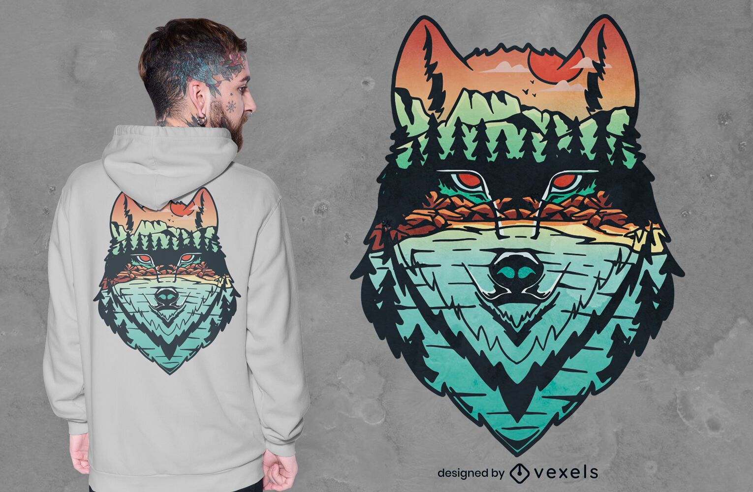 Diseño de camiseta de lobo en el fondo del bosque