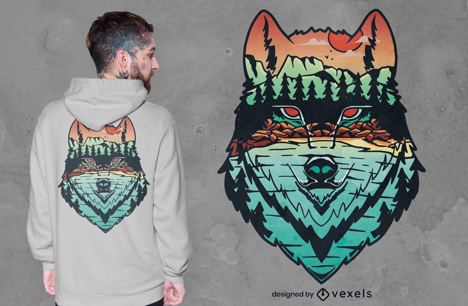 Lobo no design de t-shirt de fundo de floresta